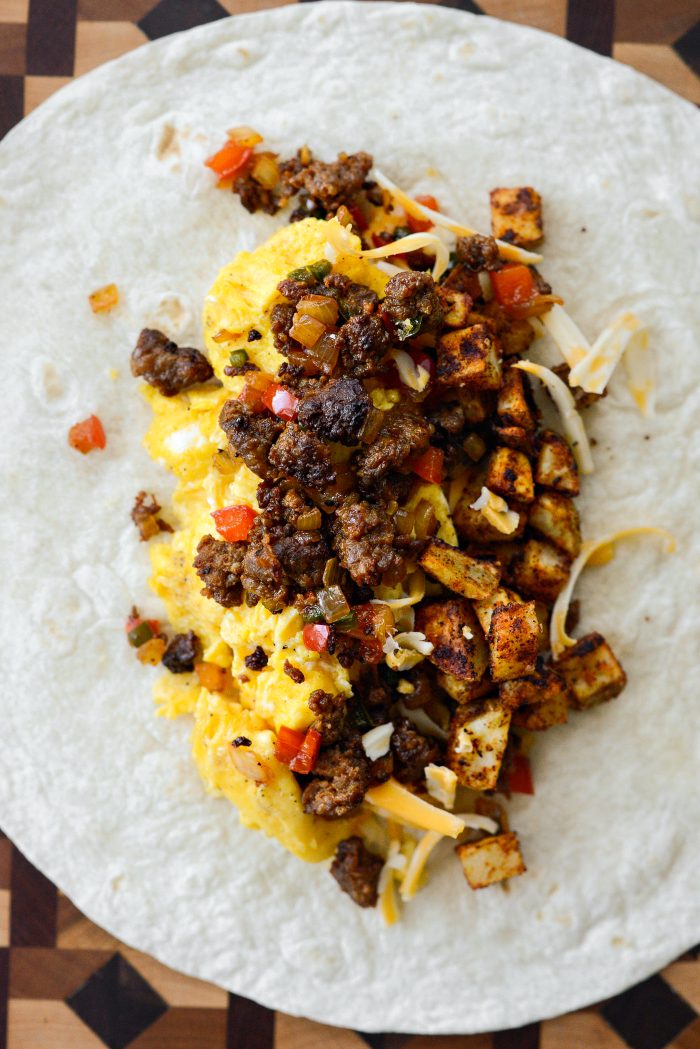 add cheese, eggs, chorizo and potatoes