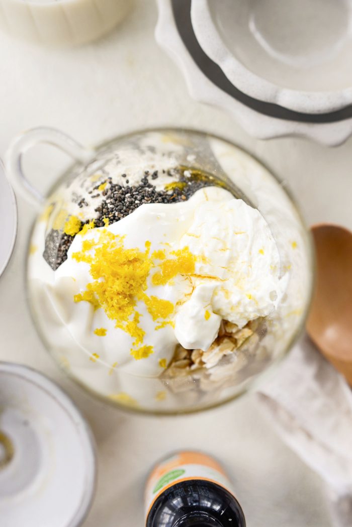 add yogurt, whipped cream cheese, lemon zest, maple syrup and lemon extract