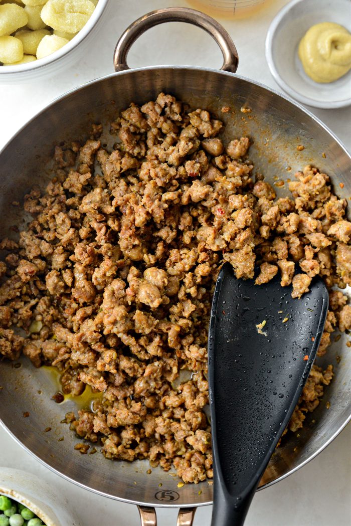 break up into crumbles and cook until browned and no longer pink