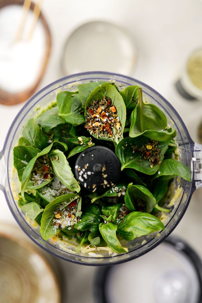 once blended, add basil, salt, herbs and spices.
