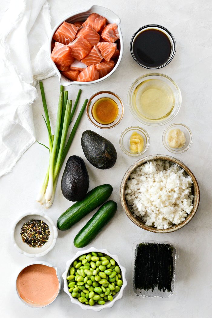 ingredients for Spicy Salmon Sushi Bowl