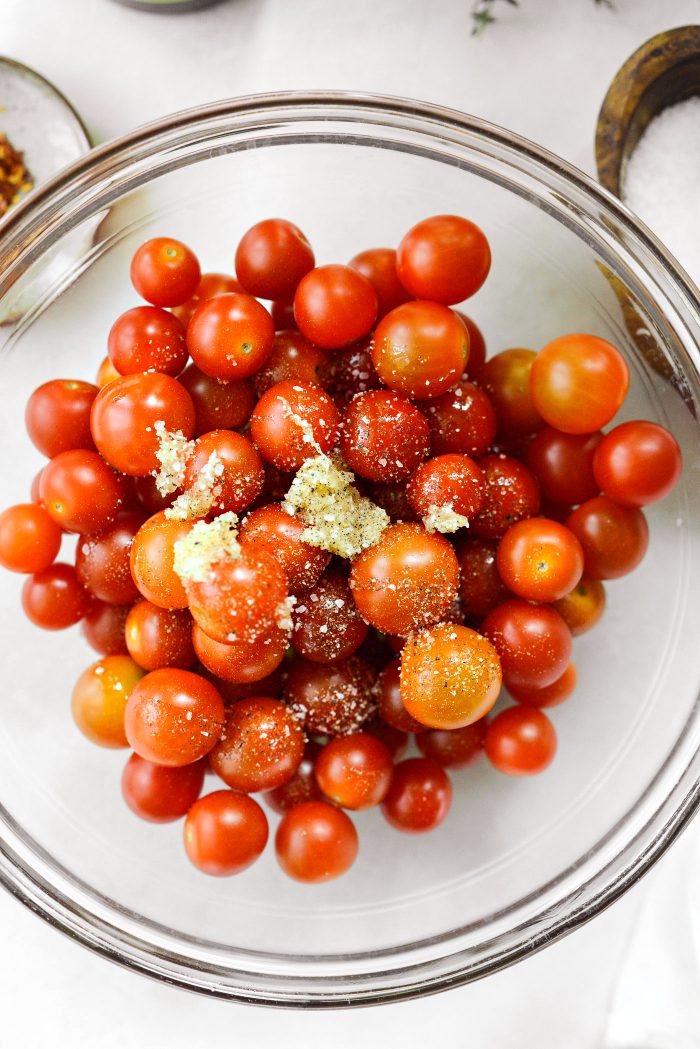 cherry tomatoes with olive oil, garlic, salt and pepper