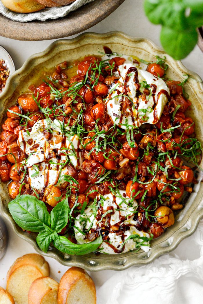 Blistered Tomatoes with Burrata and Pancetta