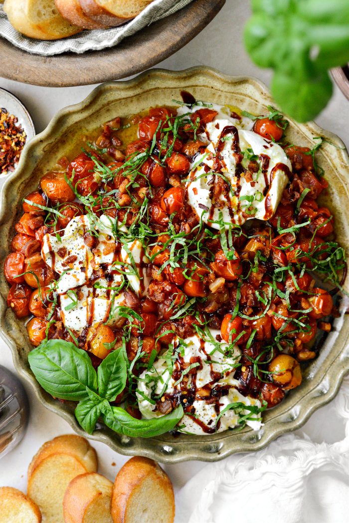 Blistered Tomatoes with Burrata and Pancetta
