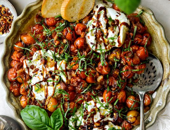 Blistered Tomatoes with Burrata and Pancetta