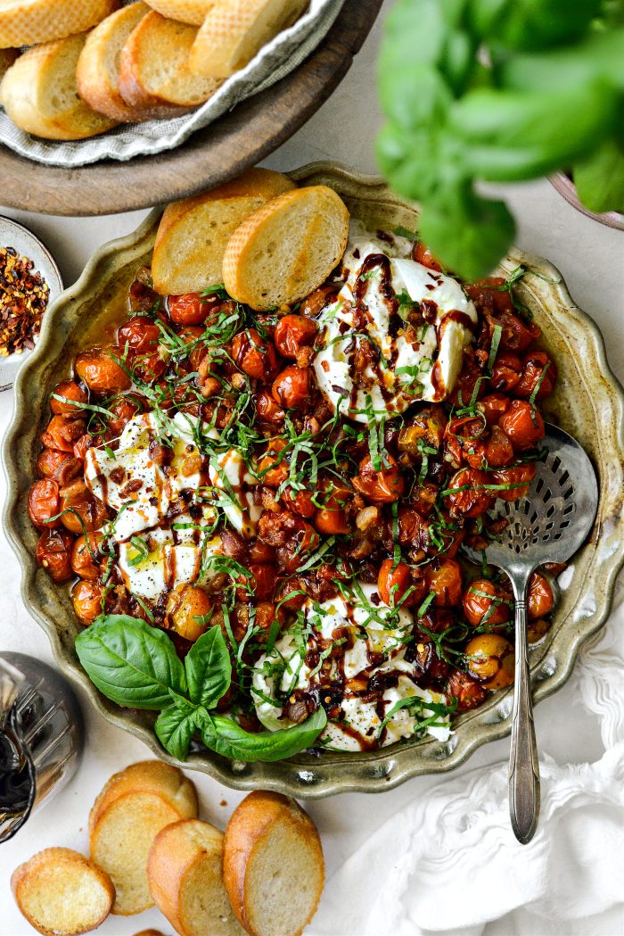 Blistered Tomatoes with Burrata and Pancetta