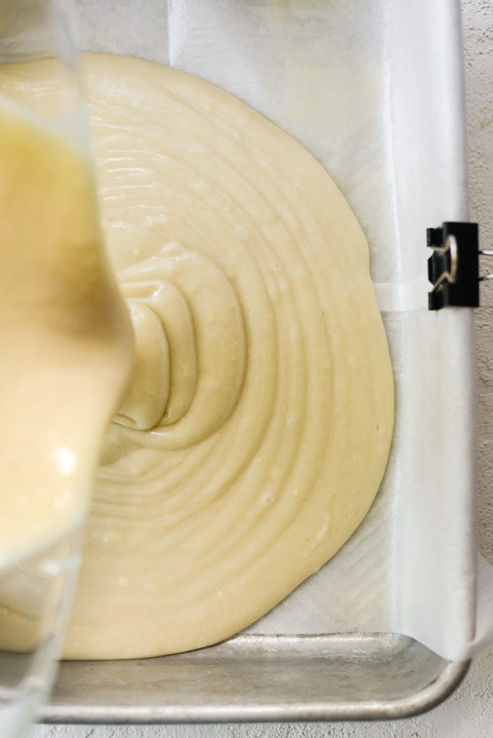 pour batter in to prepped pan