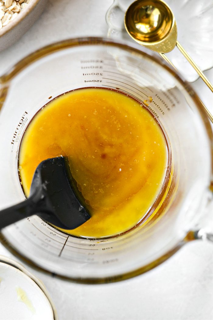 measure and add honey, melted butter, salt and vanilla extract