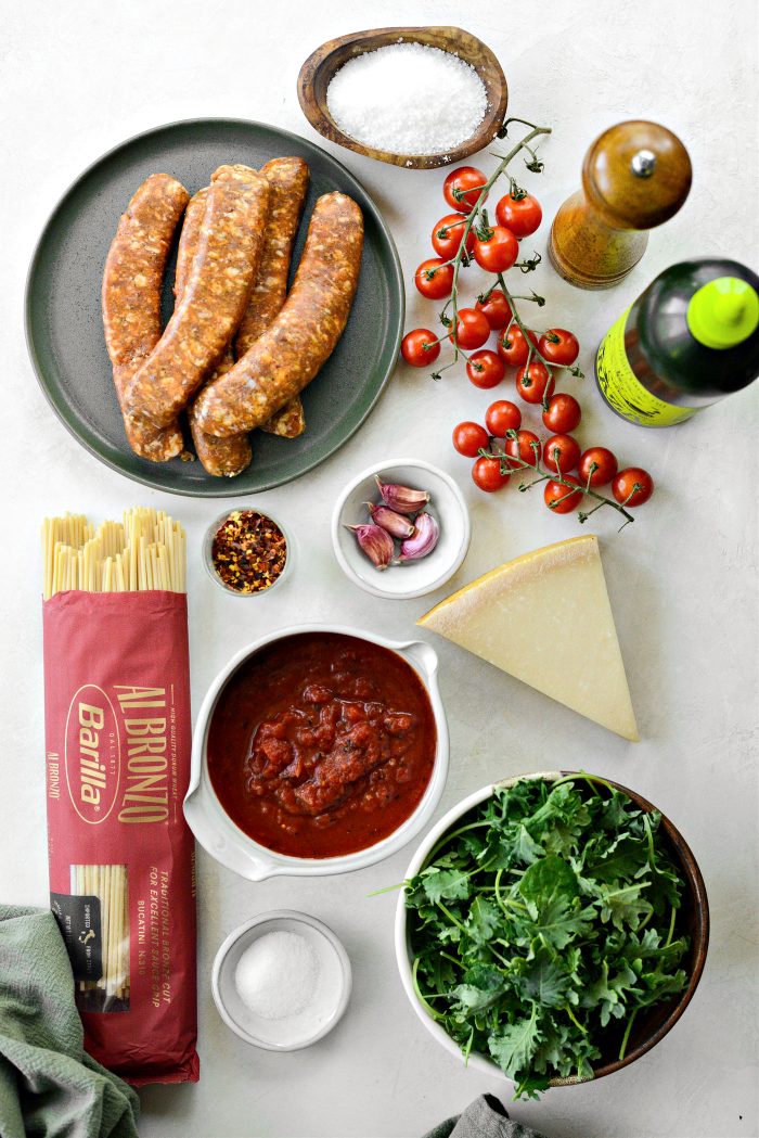 ingredients for Italian Sausage Tomato Kale Pasta