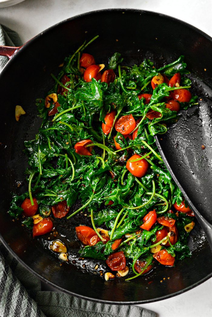 once blistered, add baby kale and garlic cook until just about wilted