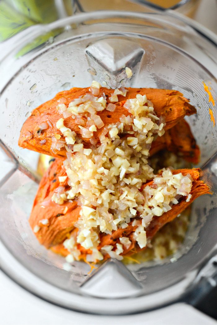 once cooled peel and add sweet potatoes and the sautéed garlic and shallot to the blender