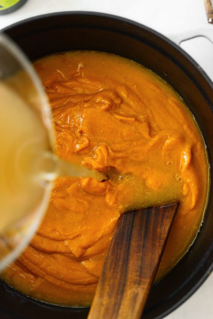 add puree to pot and pour in remaining broth