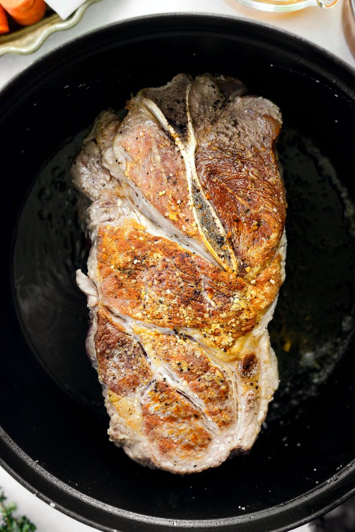 seared pork shoulder in pot