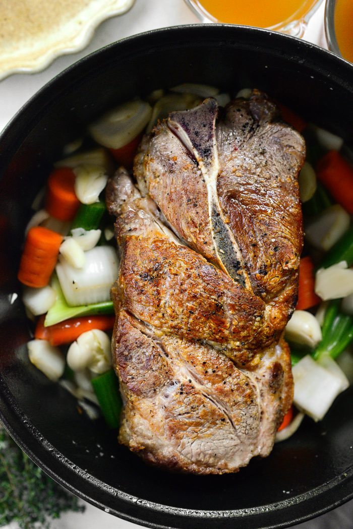 nestle the seared pork into the pot with the veggies
