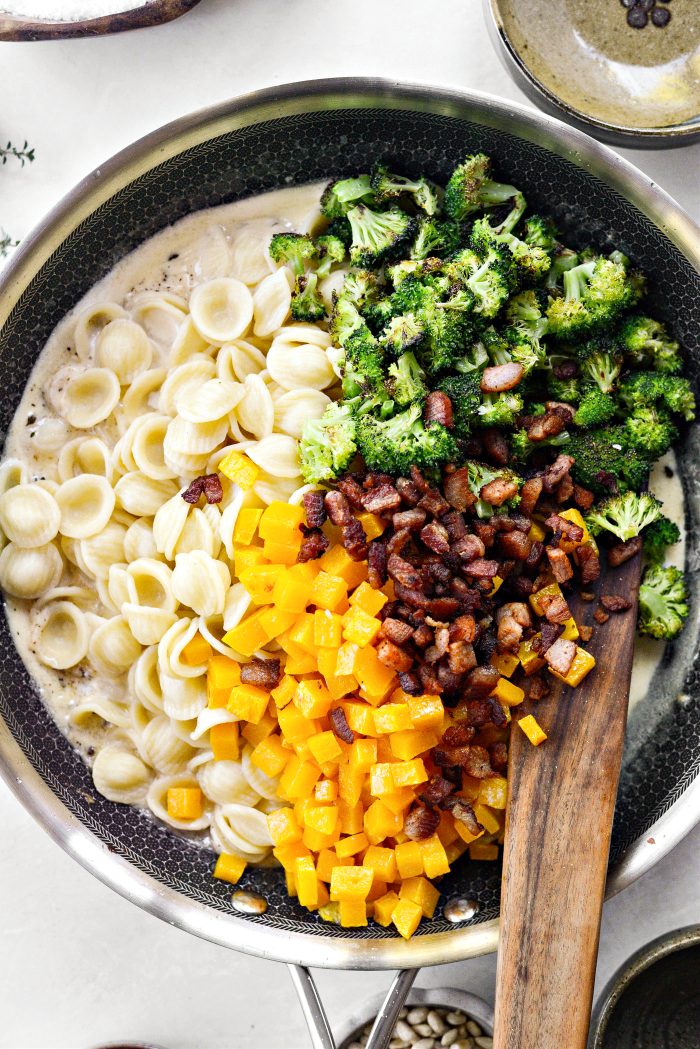then add in cooked pasta, squash, broccoli and pancetta