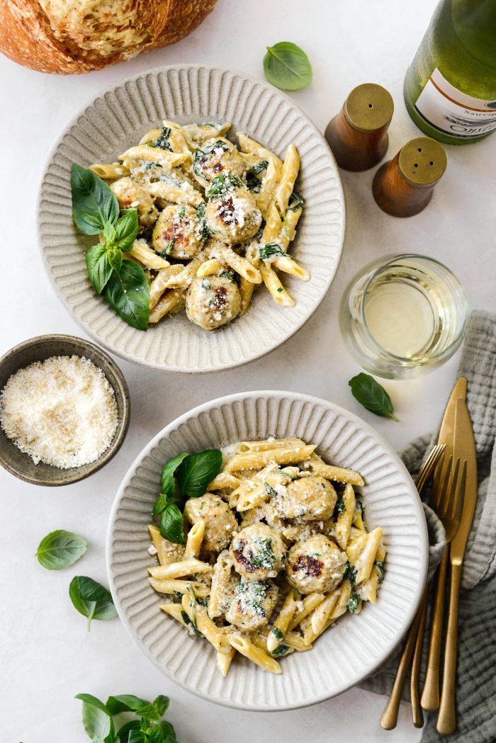 Chicken Ricotta Meatballs with Penne Alfredo