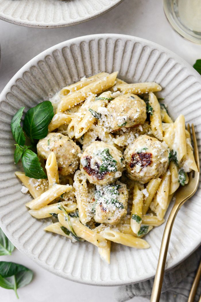 Chicken Ricotta Meatballs with Penne Alfredo