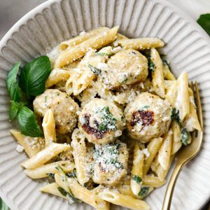 Chicken Ricotta Meatballs with Penne Alfredo