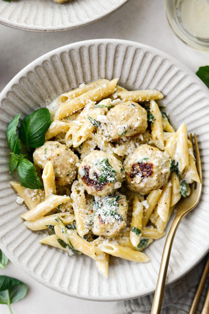 Chicken Ricotta Meatballs with Penne Alfredo