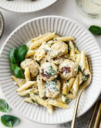 Chicken Ricotta Meatballs with Penne Alfredo