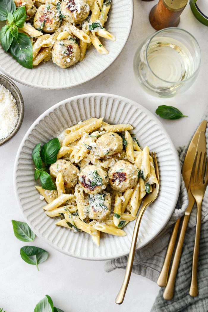 Chicken Ricotta Meatballs with Penne Alfredo