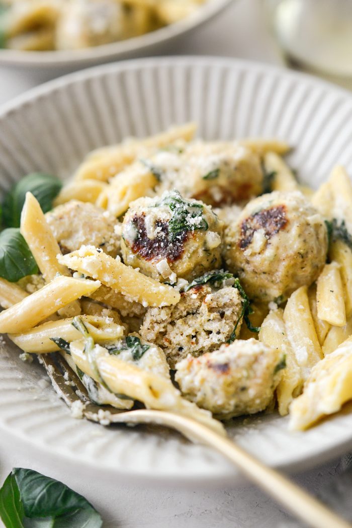 Chicken Ricotta Meatballs with Penne Alfredo