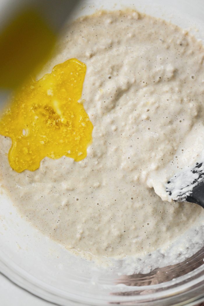 stir until just combined and add melted butter