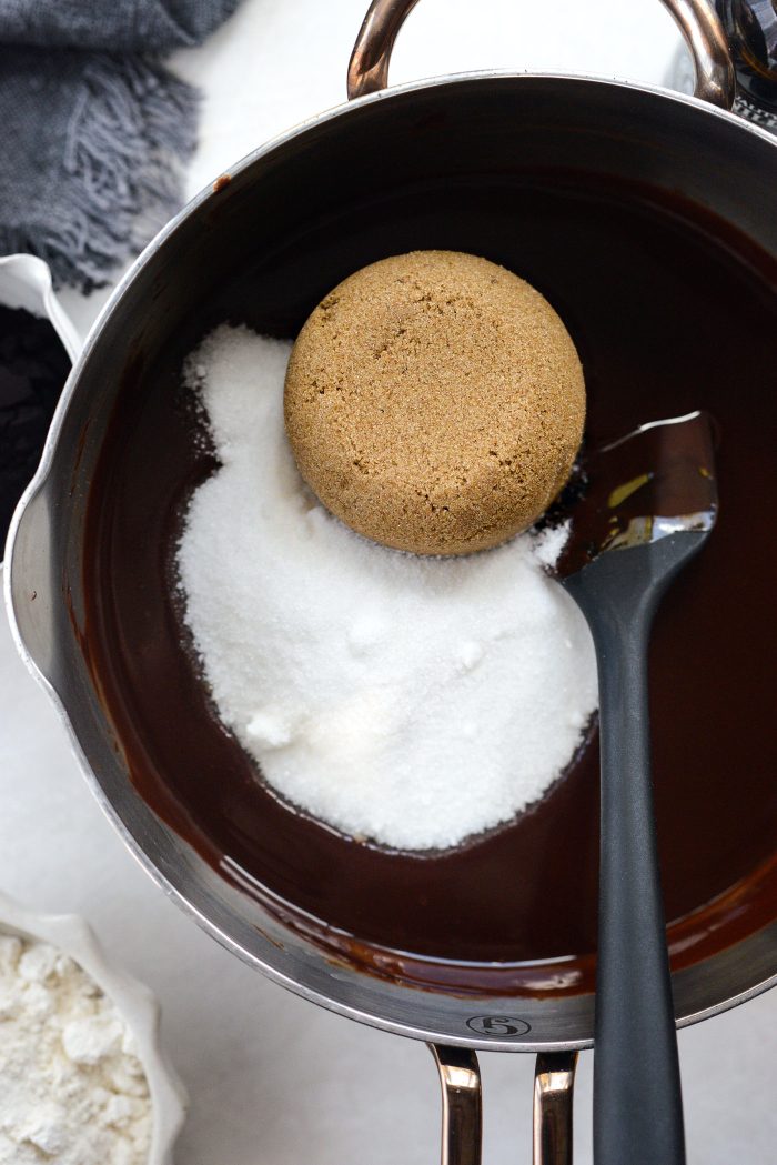 remove off heat and add in sugars