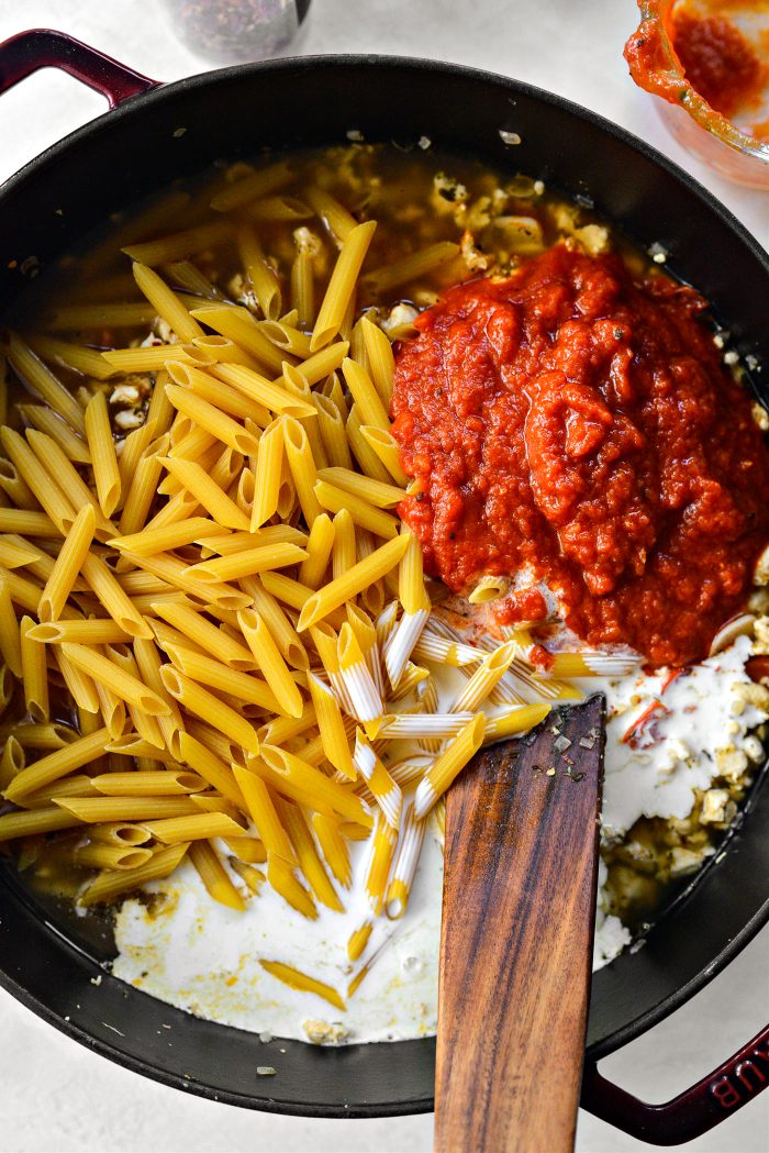 Add penne, soup, marinara and fresh cream