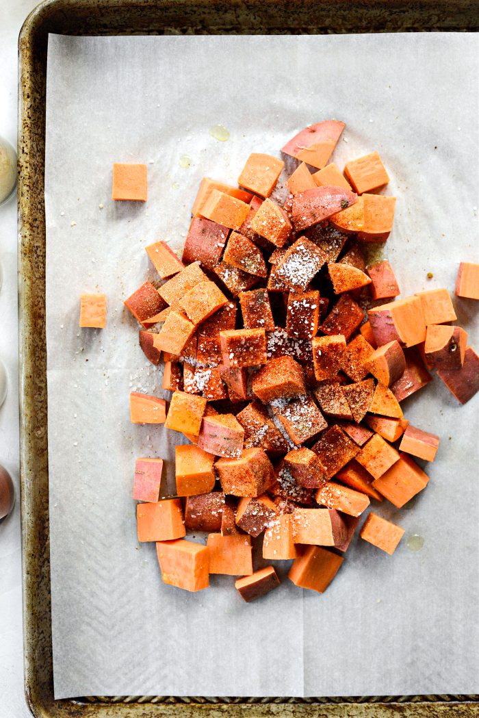 diced sweet potatoes, oil and spices