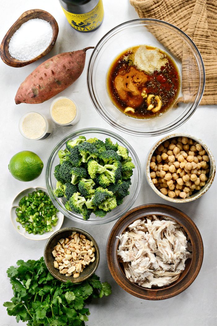 ingredients for Peanut Chicken Sweet Potato and Broccoli Bowls