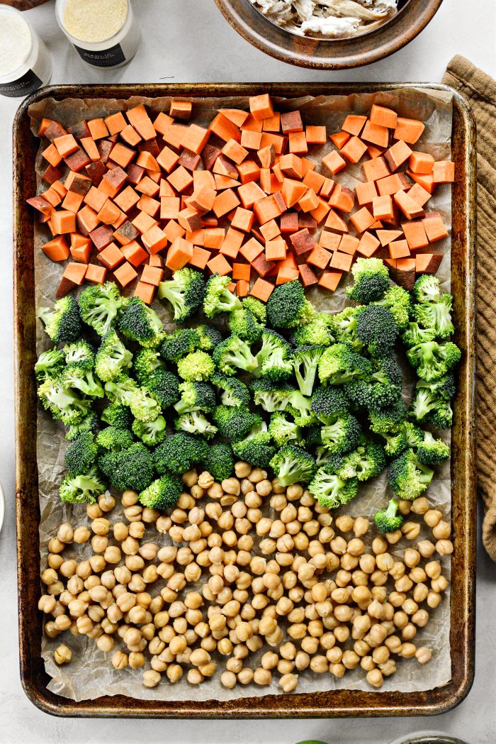 add veggies and chickpeas to prepared pan