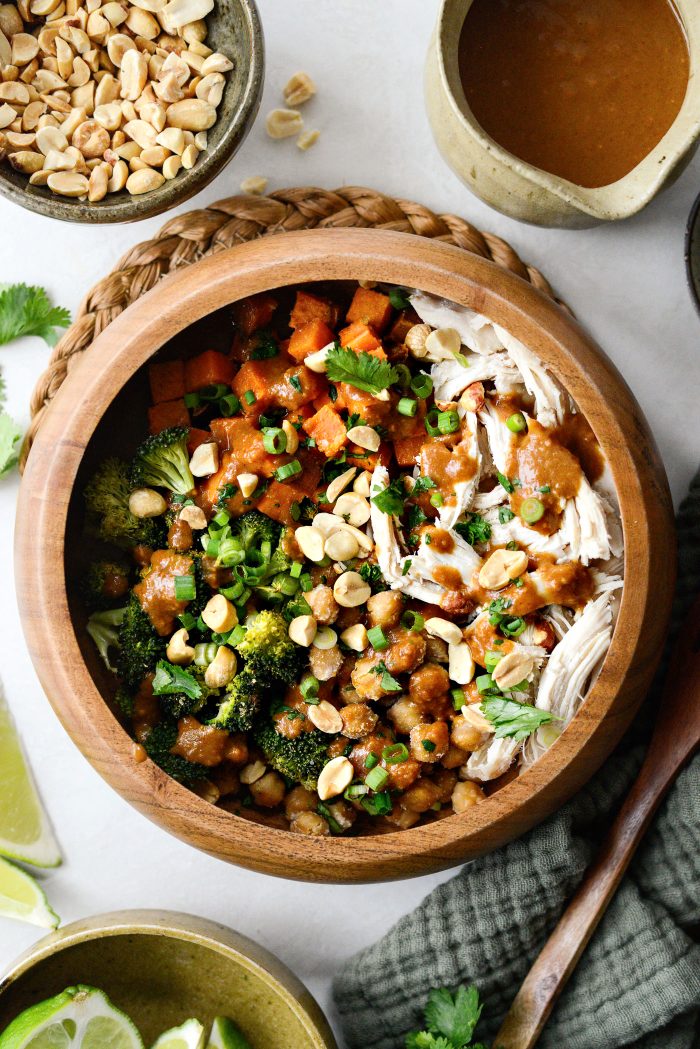 Peanut Chicken Sweet Potato and Broccoli Bowls