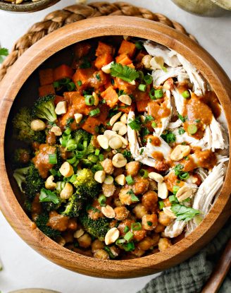 Peanut Chicken Sweet Potato and Broccoli Bowls