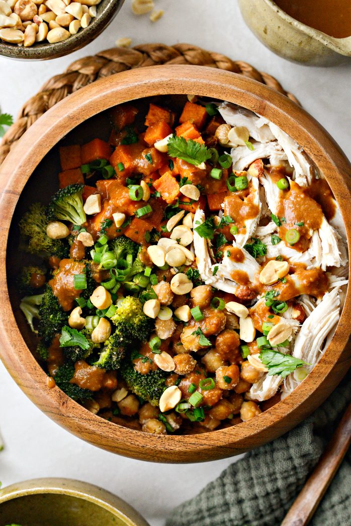Peanut Chicken Sweet Potato and Broccoli Bowls