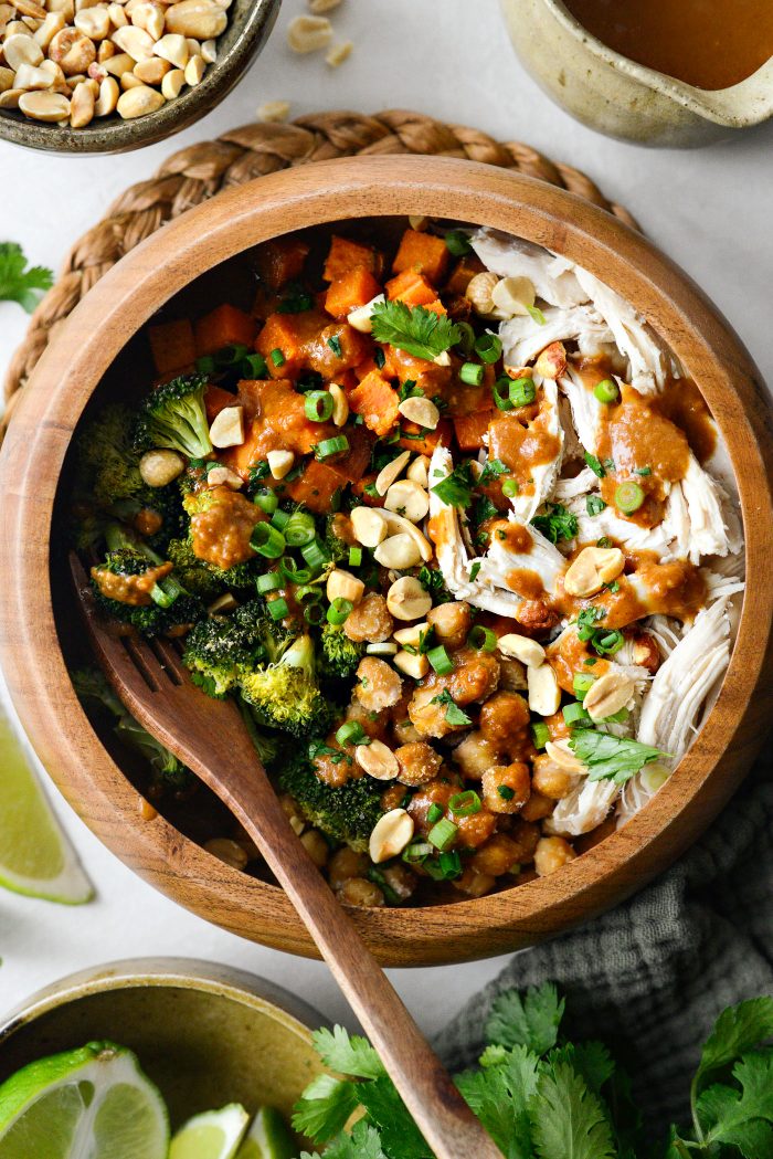 Peanut Chicken Sweet Potato and Broccoli Bowls