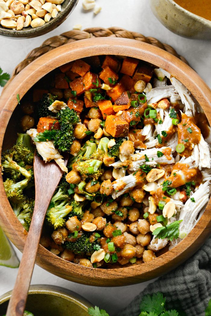 Peanut Chicken Sweet Potato and Broccoli Bowls