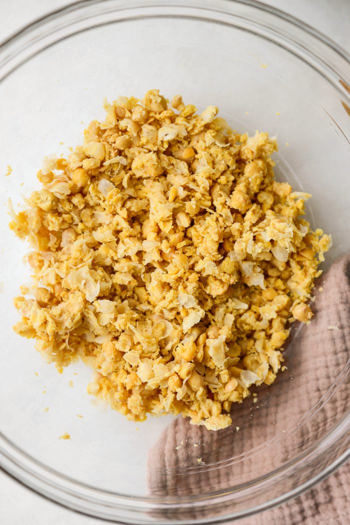 smashed chickpeas in bowl