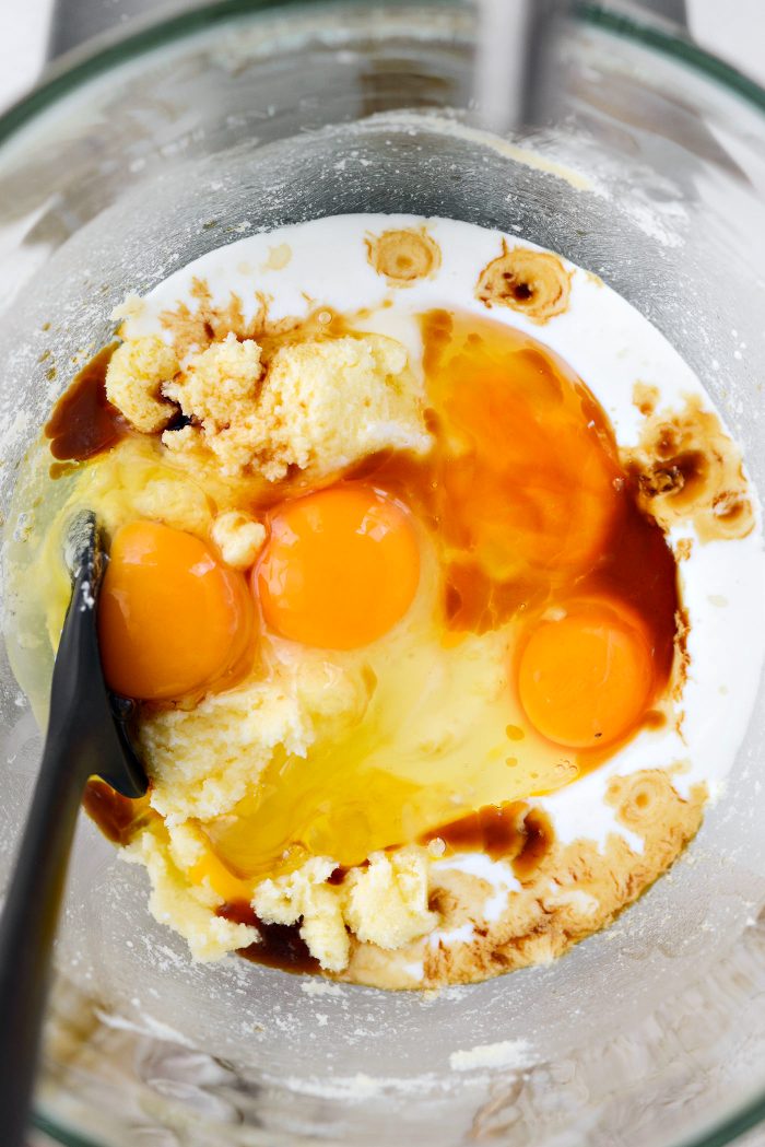 Add buttermilk, eggs and vanilla