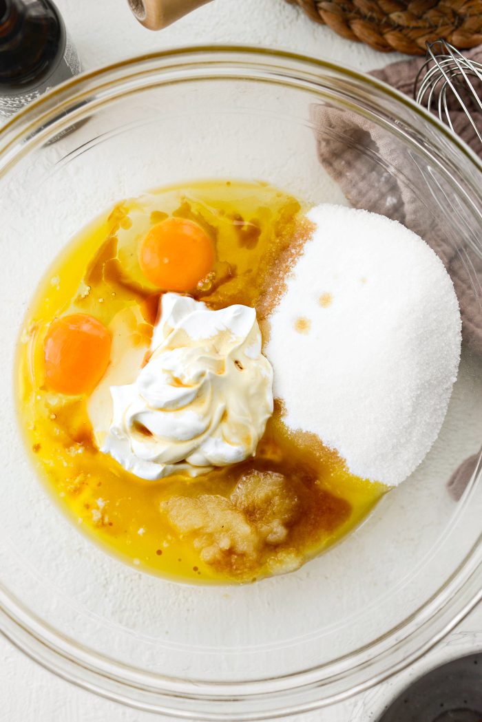 measure and add wet ingredients into a bowl