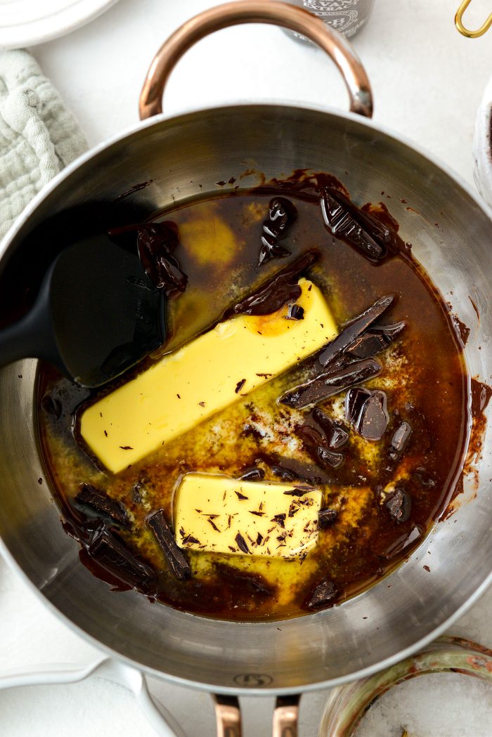 melt butter and chocolate in sauce pan