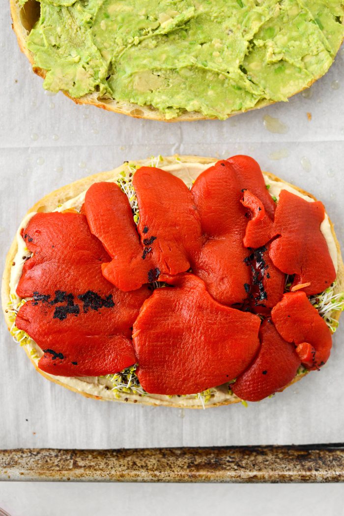 top sprouts with roasted red peppers