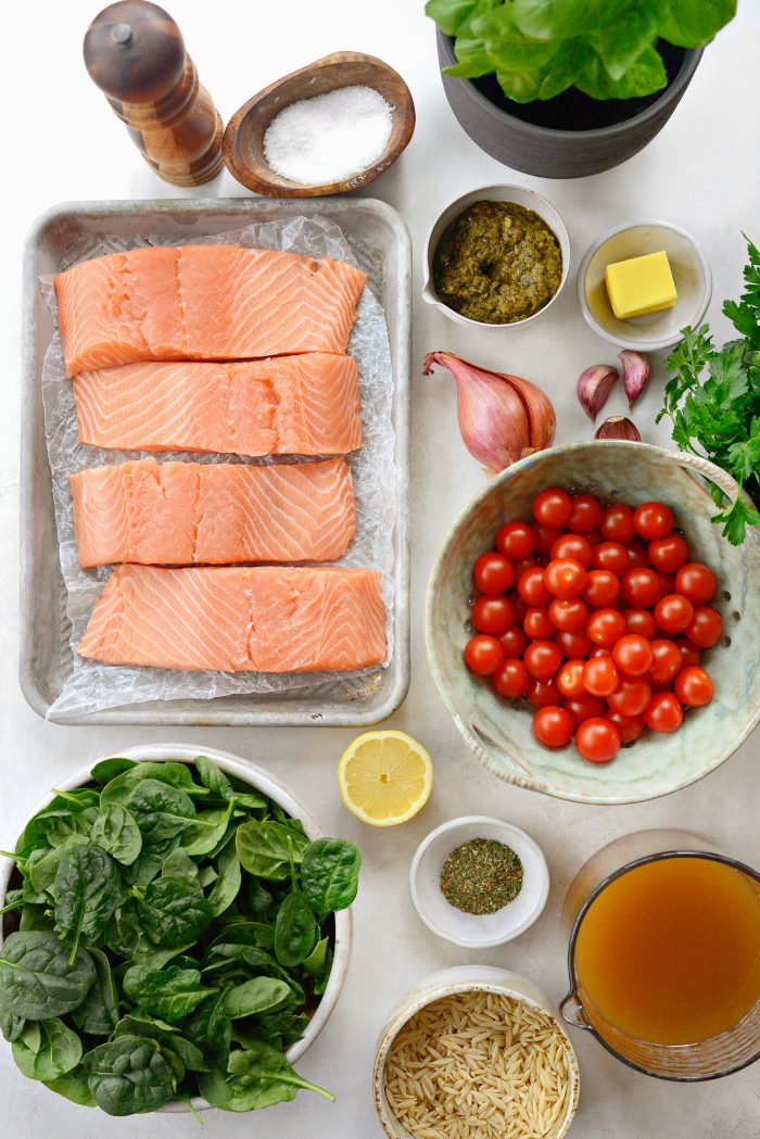 ingredients for Pesto Salmon with Blistered Tomato Orzo