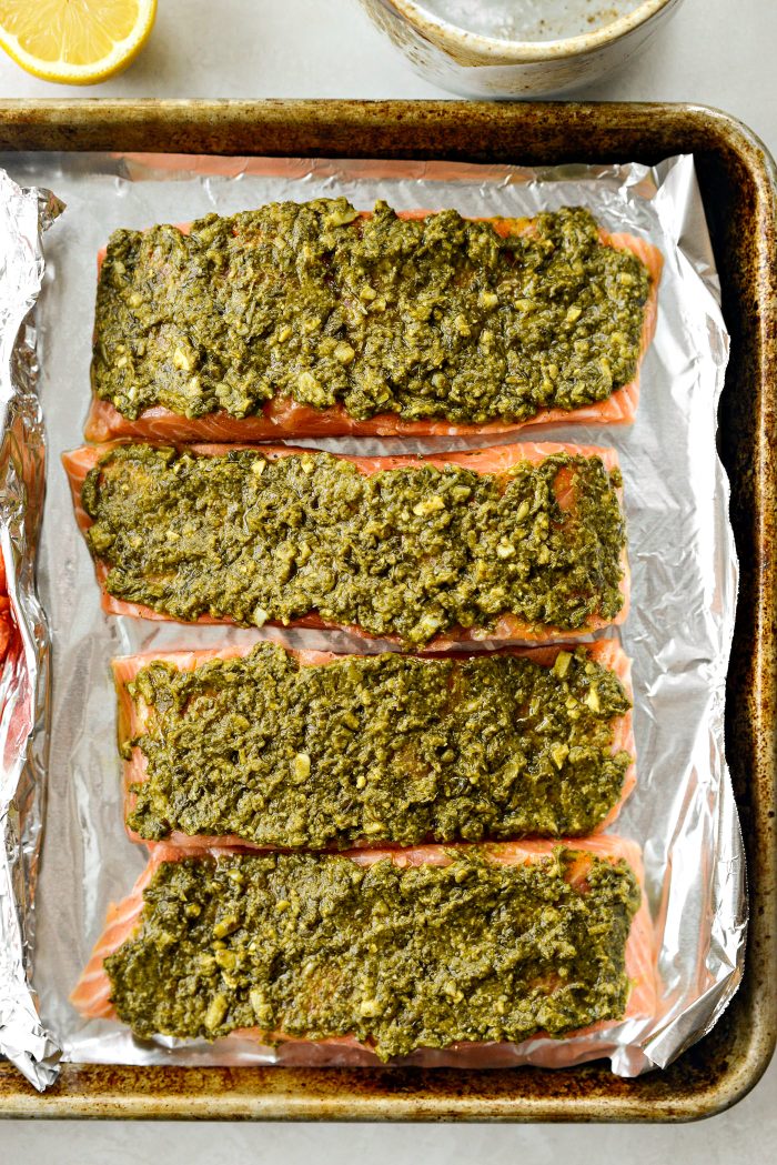 place pesto salmon on other side of the pan