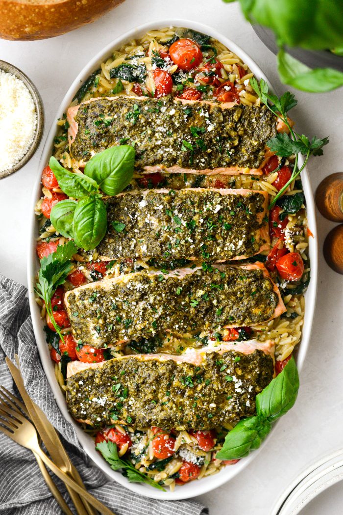 Pesto Salmon with Blistered Tomato Orzo