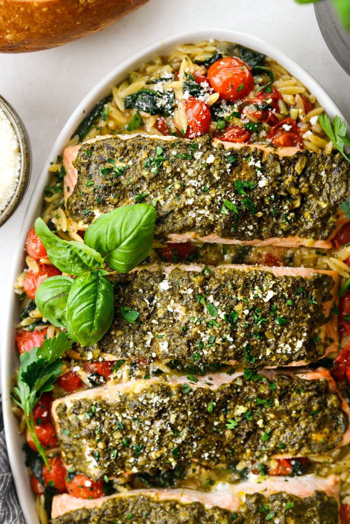 Pesto Salmon with Blistered Tomato Orzo