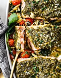 Pesto Salmon with Blistered Tomato Orzo