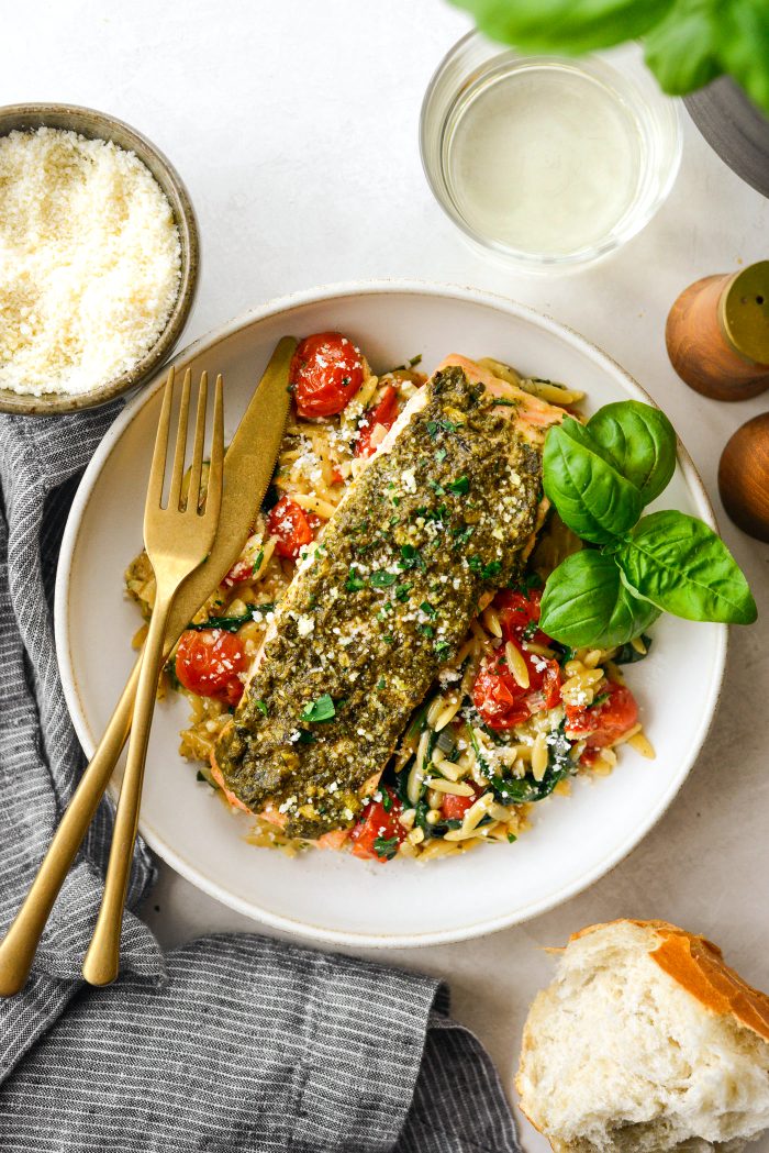 Pesto Salmon with Blistered Tomato Orzo