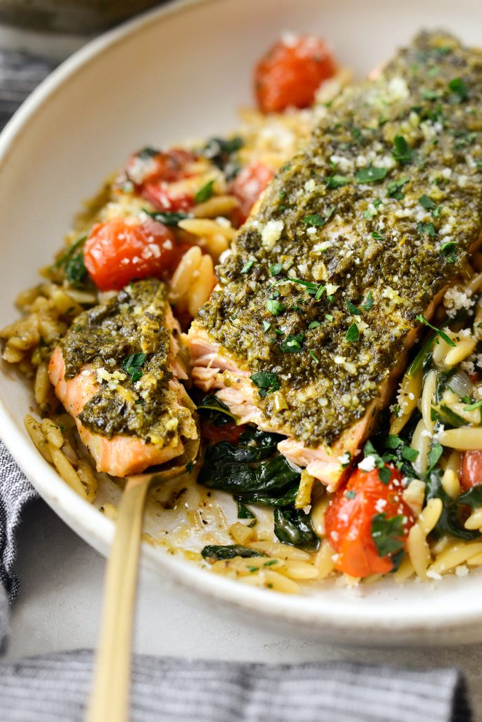 Pesto Salmon with Blistered Tomato Orzo