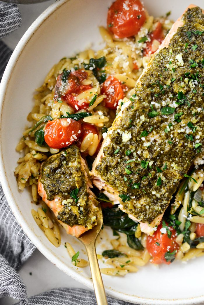 Pesto Salmon with Blistered Tomato Orzo